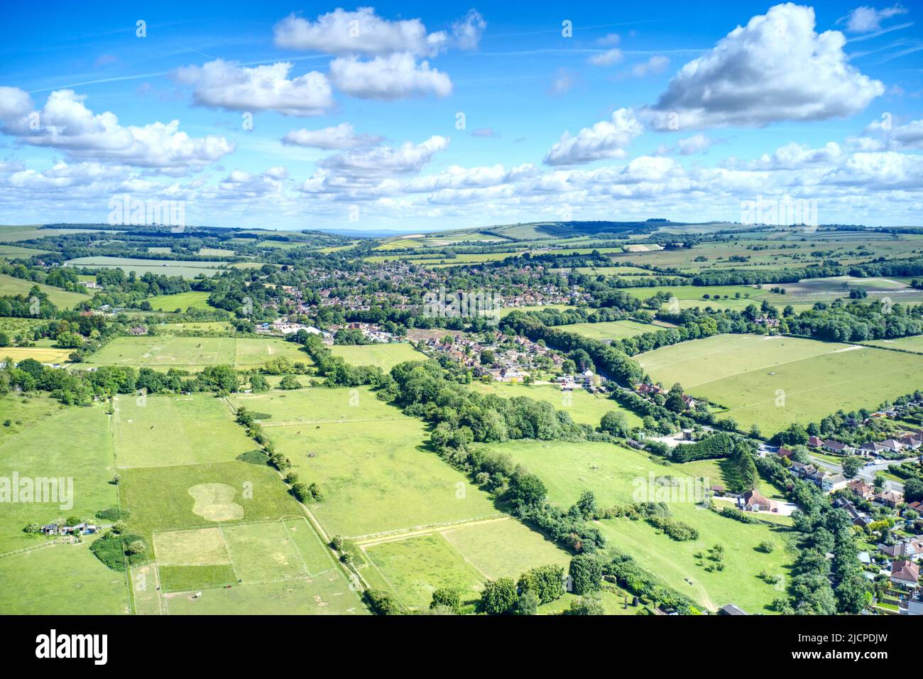 Aerial photo of the Findon valley between the South Downs and the beautiful countryside of West Sussex in Southern England. Stock Photo