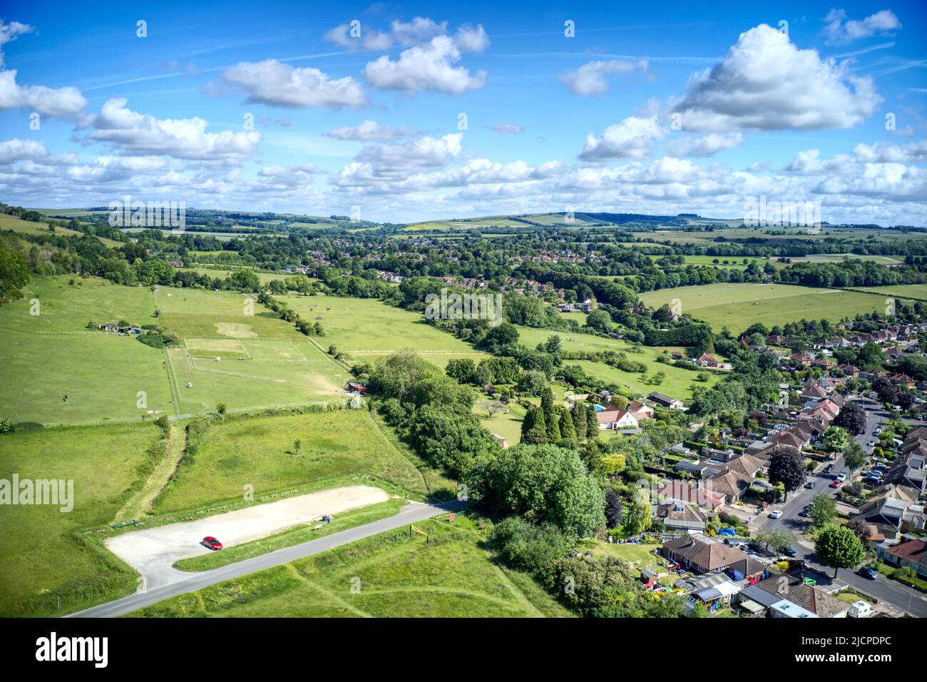 Aerial view of the Findon valley between the South Downs and the beautiful countryside of West Sussex in Southern England. Stock Photo