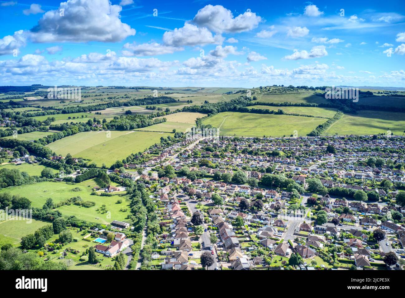 Aerial photo of Worthing and the Findon valley between the South Downs and the beautiful countryside of West Sussex in Southern England. Stock Photo