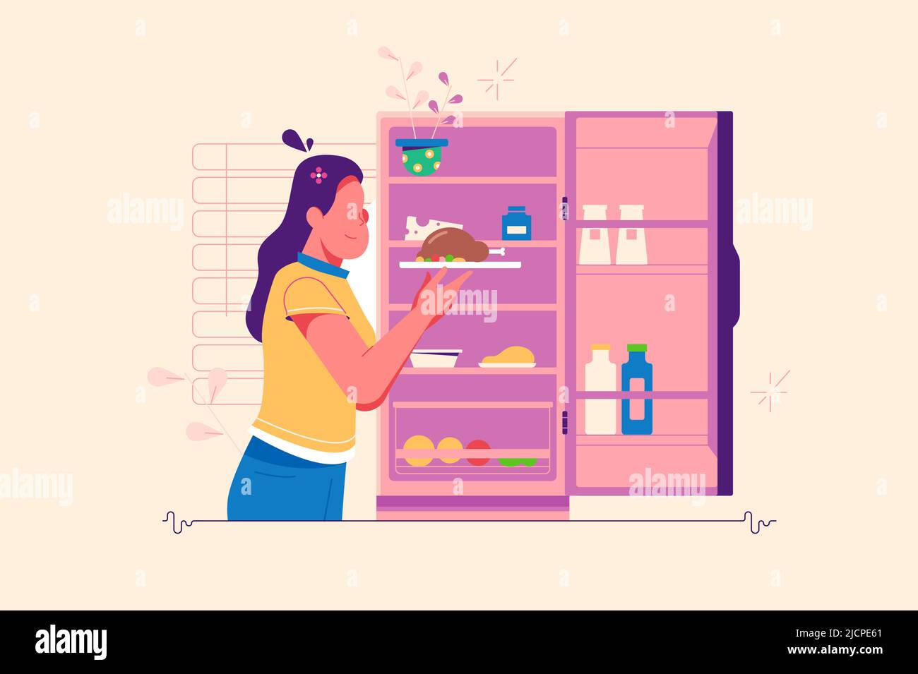 Woman putting tasty cooked dish in refrigerator Stock Vector