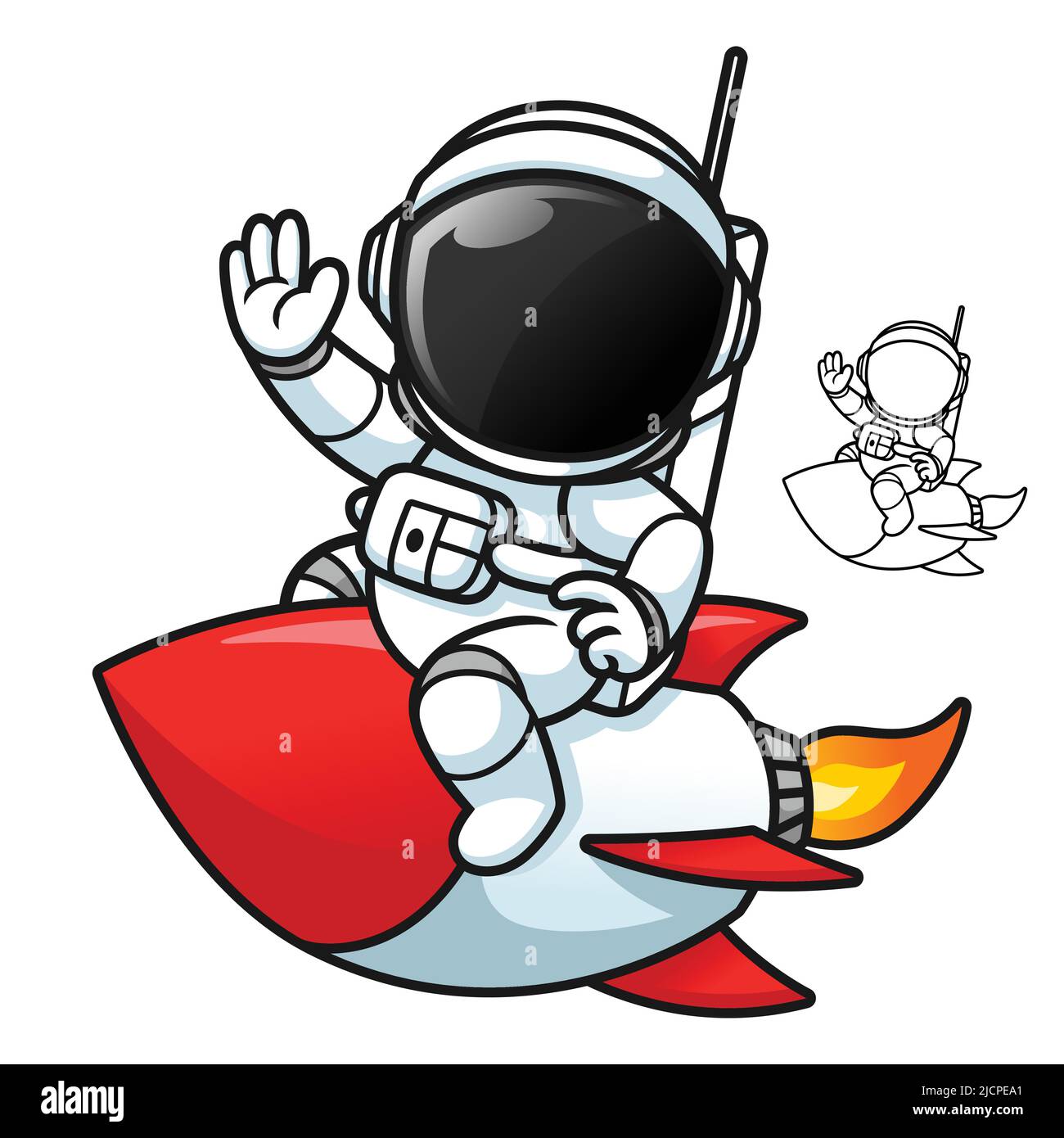 Cute Astronaut Riding a Rocket Waving His Hand with Black and White Line Art Drawing, Science Outer Space, Vector Character Illustration. Stock Vector