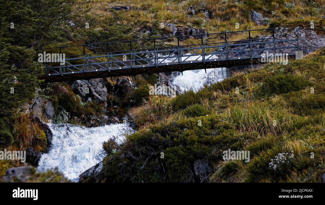 Bridge over Hukere Stream that gets removed in winter due to avalanche risk, Nelson Lakes National Park, south island, Aotearoa / New Zealand. Stock Photo
