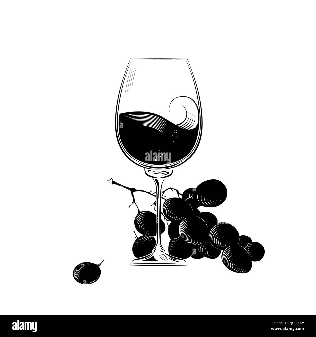 A glass of wine and a bunch of grapes in the style of an engraving. Vector illustration black and white Stock Vector