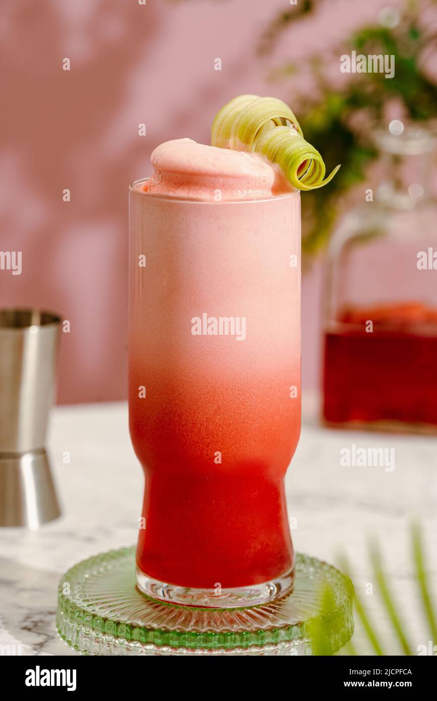 Refreshing summer rhubarb sour fizz cocktail with egg whites foam with