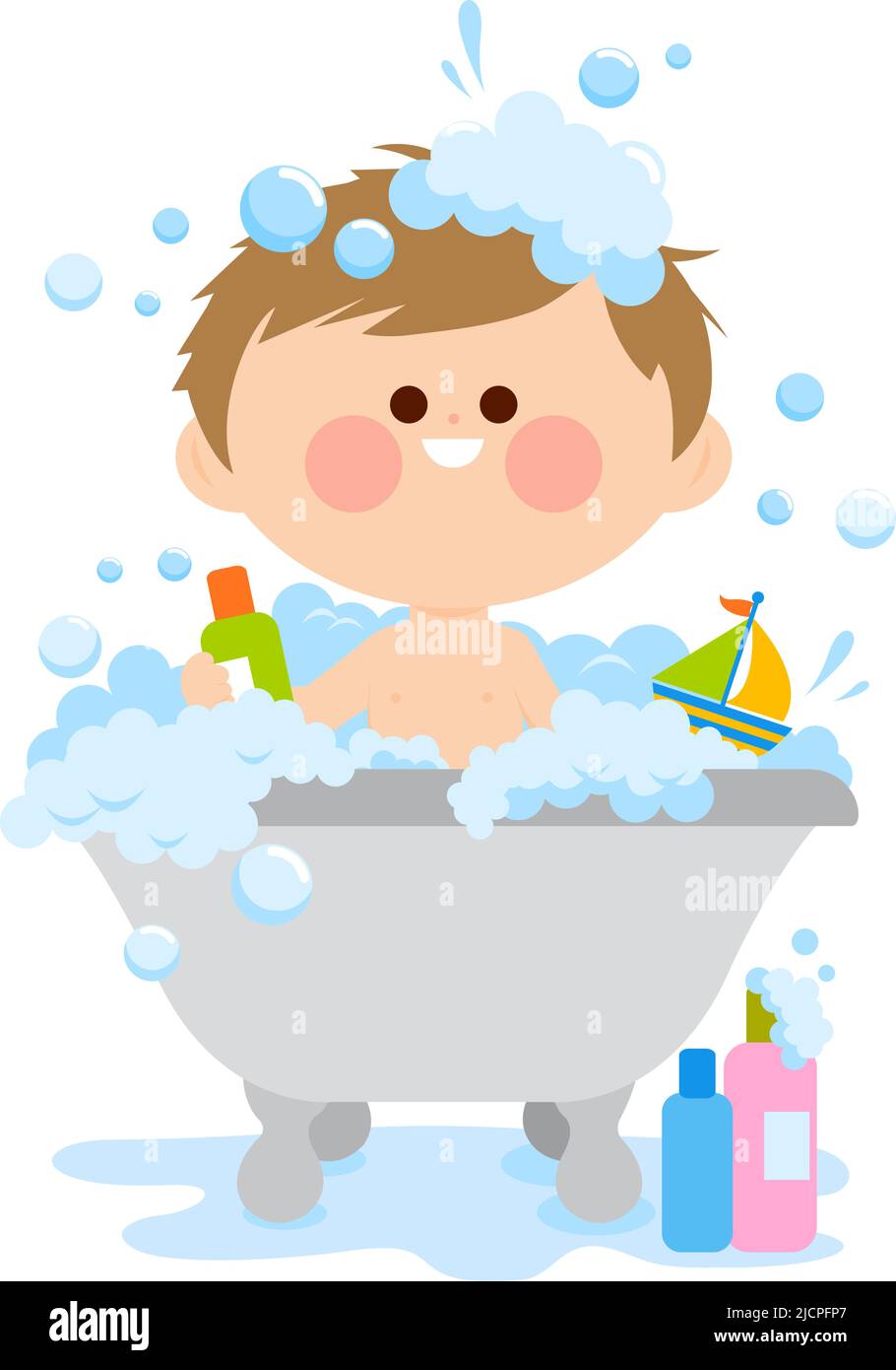 Little boy in a tub taking a bath. Vector illustration Stock Vector