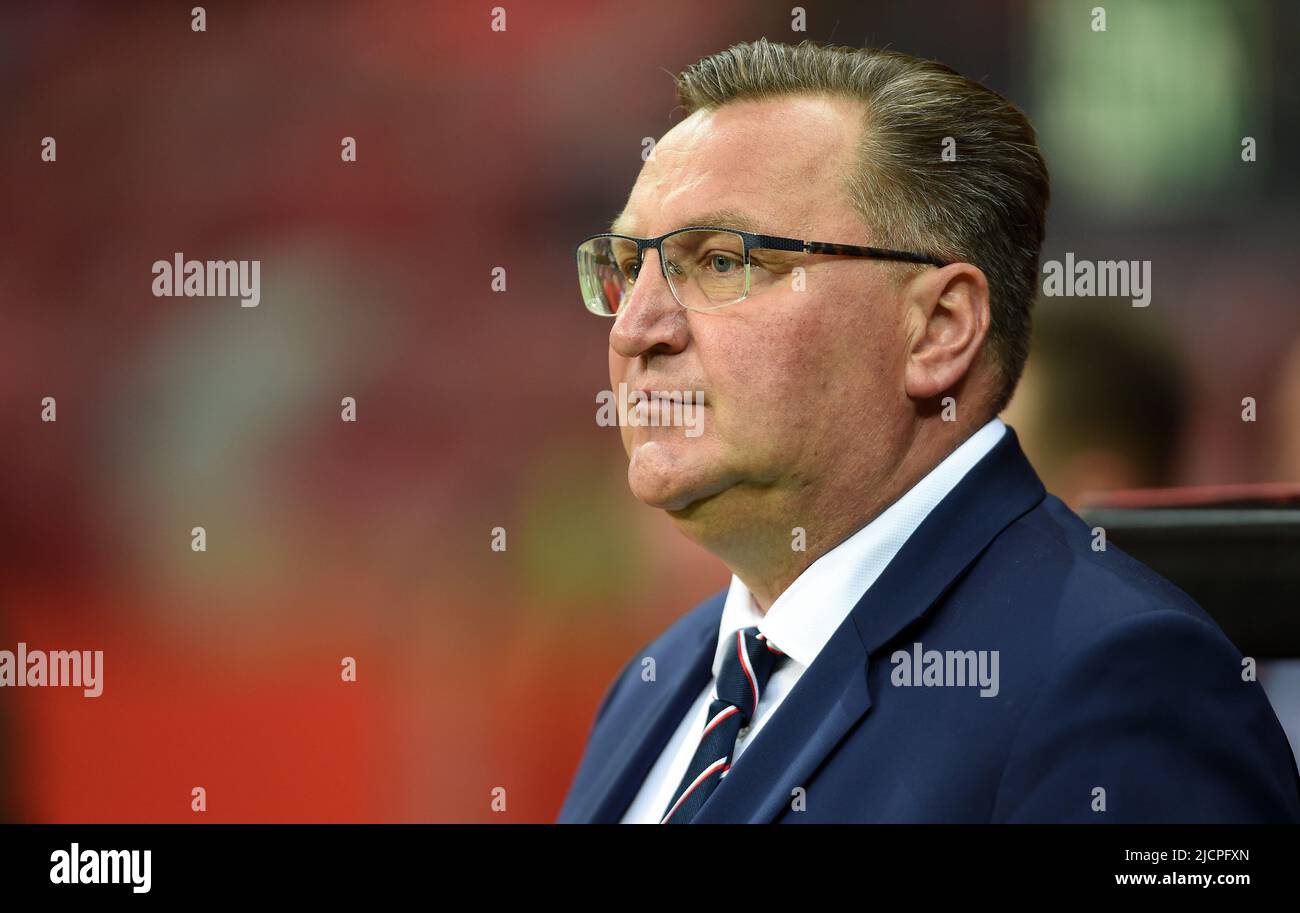 WARSAW, POLAND - JUNE 14, 2022: UEFA Nations League 2023 Poland - Belgium game o/p: Czeslaw Michniewicz coach (Poland) Stock Photo