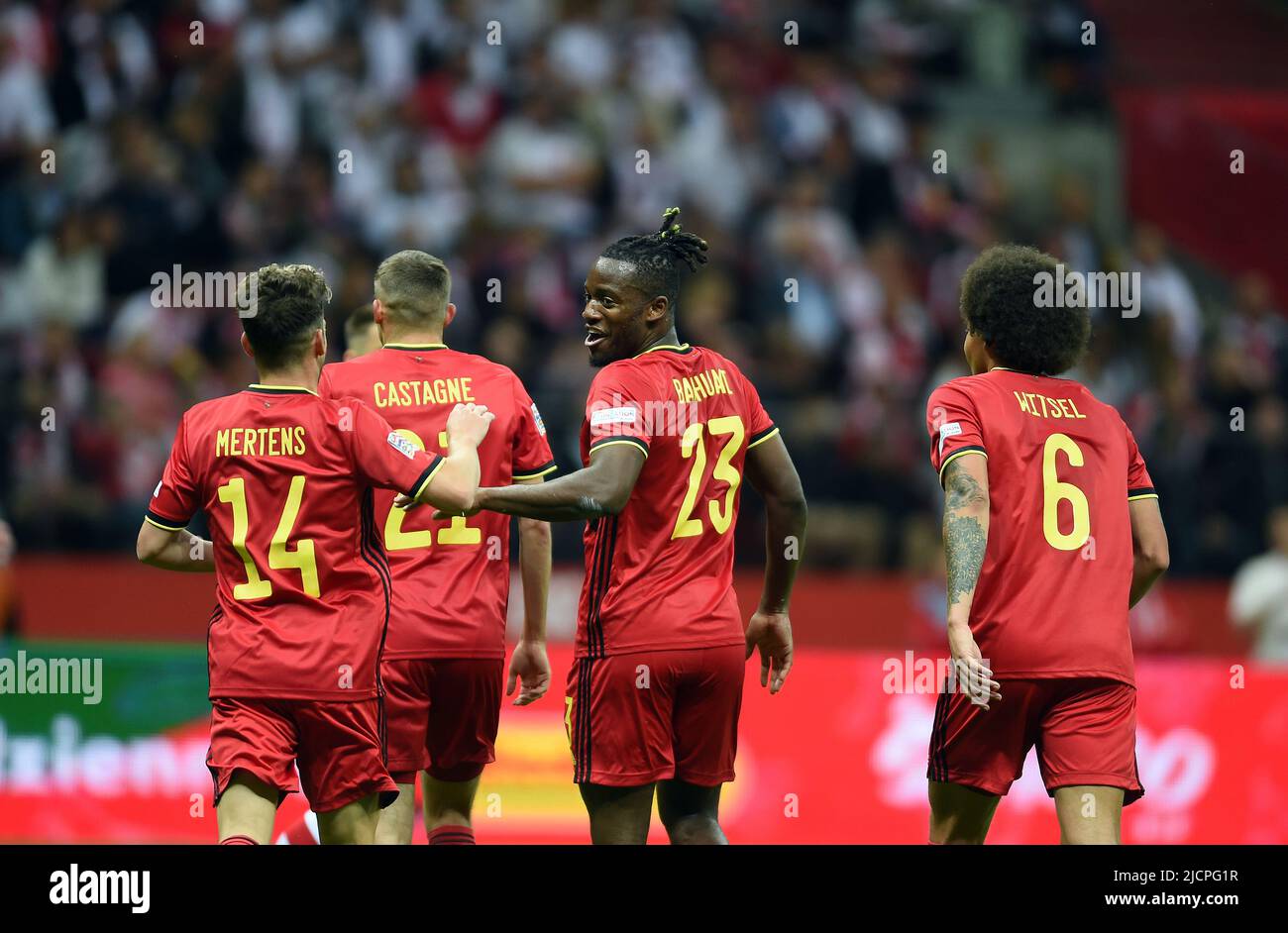 WARSAW, POLAND - JUNE 14, 2022: UEFA Nations League 2023 Poland - Belgium game o/p: Michy Batshuayi (Belgium) celebrates scoring a goal Stock Photo