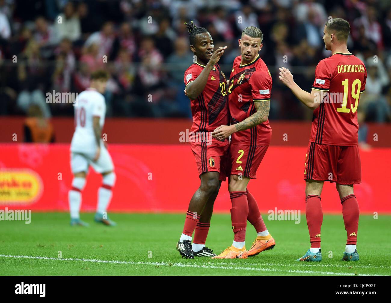 WARSAW, POLAND - JUNE 14, 2022: UEFA Nations League 2023 Poland - Belgium game o/p: Michy Batshuayi (Belgium) celebrates scoring a goal Stock Photo