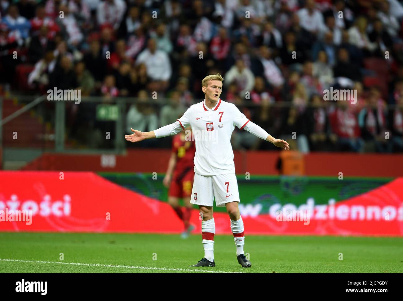 WARSAW, POLAND - JUNE 14, 2022: UEFA Nations League 2023 Poland - Belgium game o/p: Karol Swiderski (Poland) Stock Photo