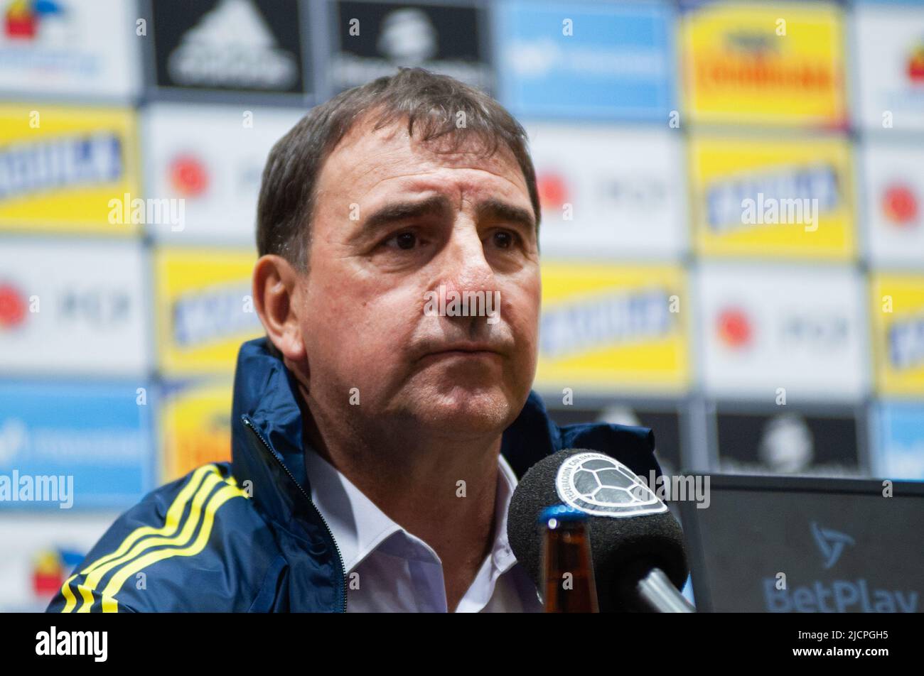 Colombia's federation of football soccer team unveils its new coach in replacement of Reinaldo Rueda in a press conference with new coach Nestor Loren Stock Photo