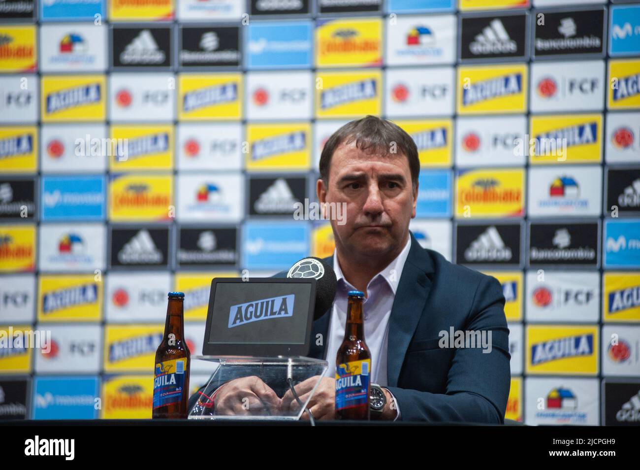 Colombia's federation of football soccer team unveils its new coach in replacement of Reinaldo Rueda in a press conference with new coach Nestor Loren Stock Photo