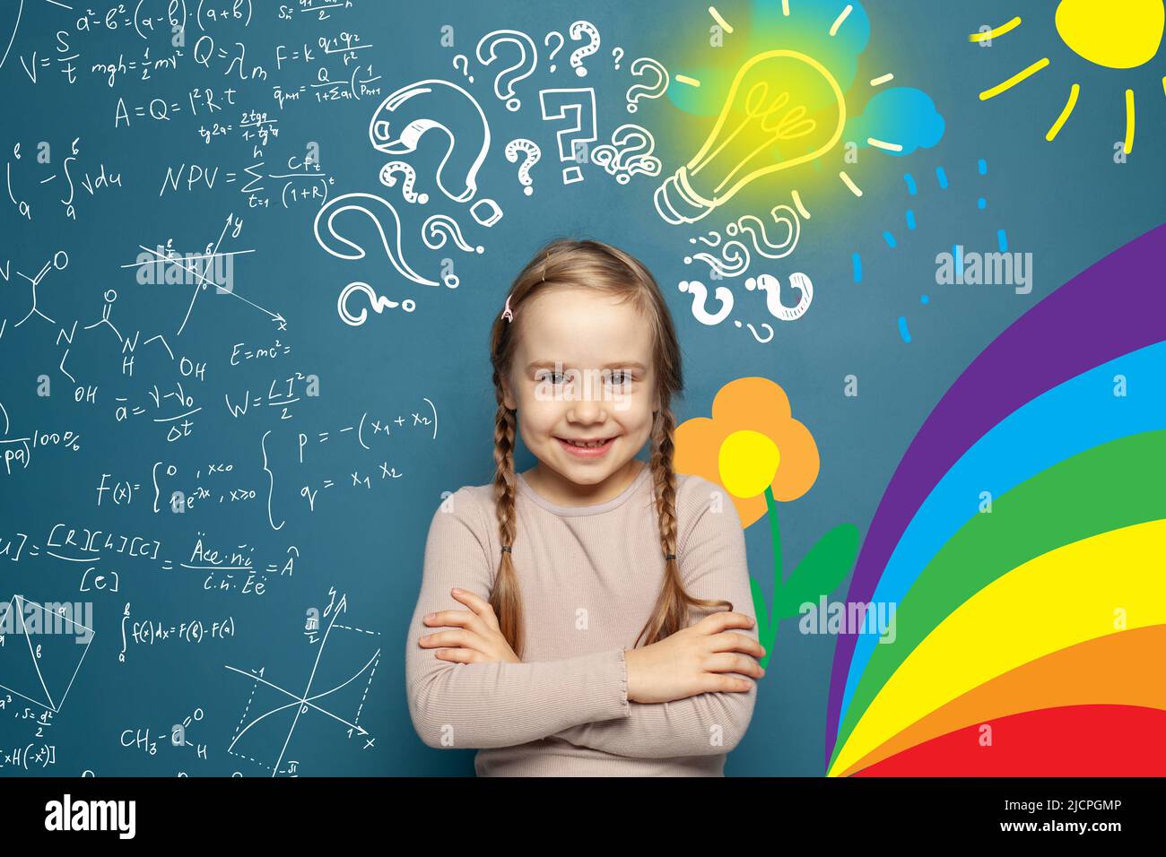 Happy little girl with art and sience design element, brain sketch Stock Photo