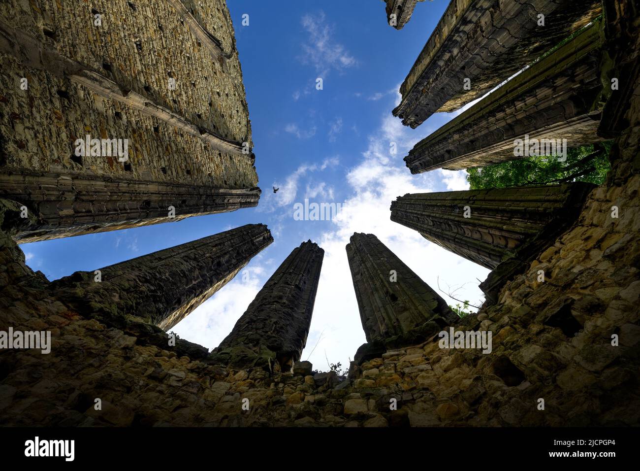 The unbuilt Monastery Church of the Virgin Mary is an unfinished Gothic building with a completed Baroque bell tower in Panensky Tynec - Stock Image