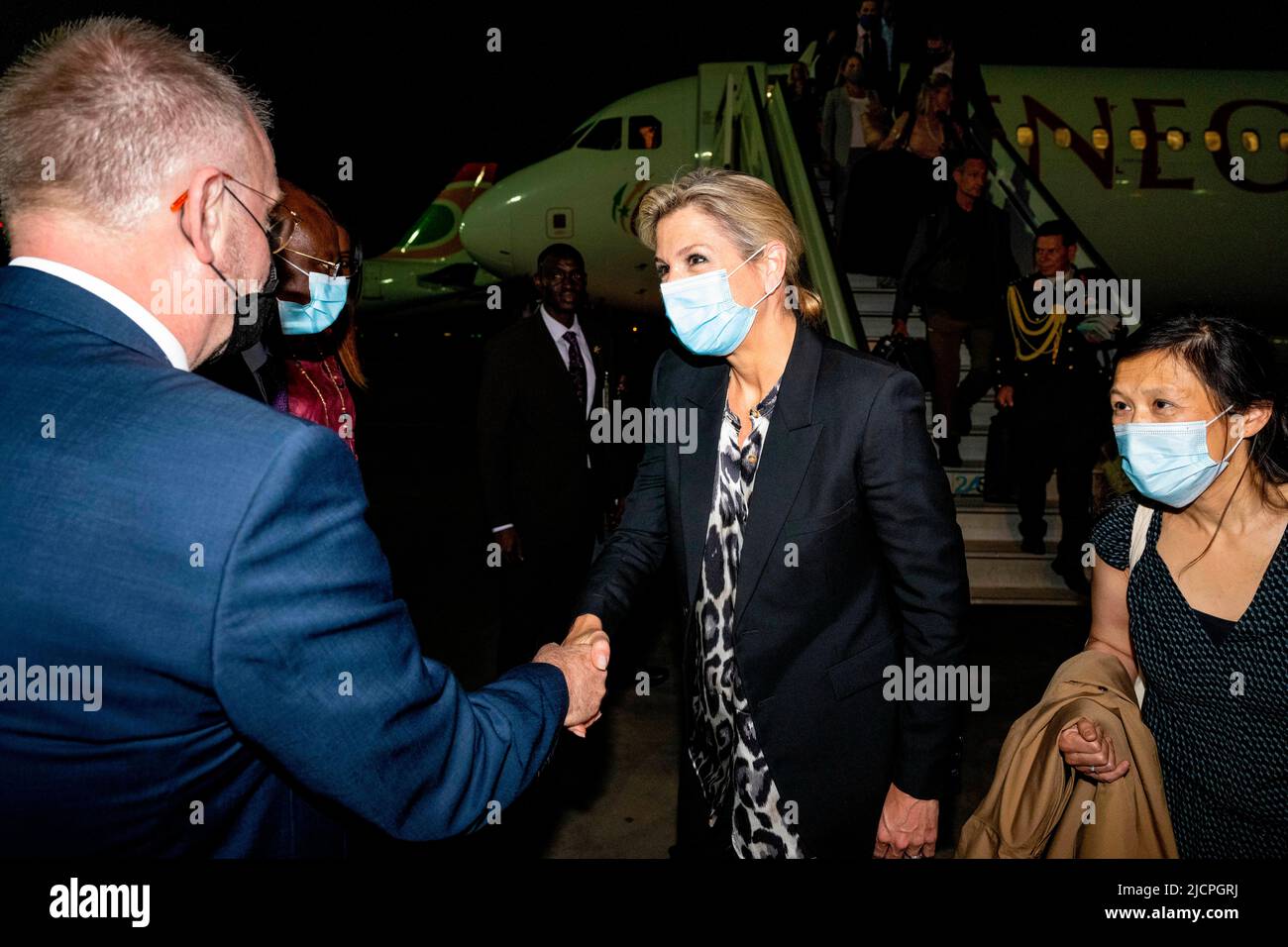Dakar, Senegal. 14th June, 2022. Queen Maxima of The Netherlands arrives at airport Blaise Diagne in Dakar, on June 14, 2022, for a 2 days visit to Senegal in her capacity as the United Nations Secretary-Generals Special Advocate for Inclusive Finance for Development (UNSGSA) Credit: Albert Nieboer/Netherlands OUT/Point de Vue OUT/dpa/Alamy Live News Stock Photo