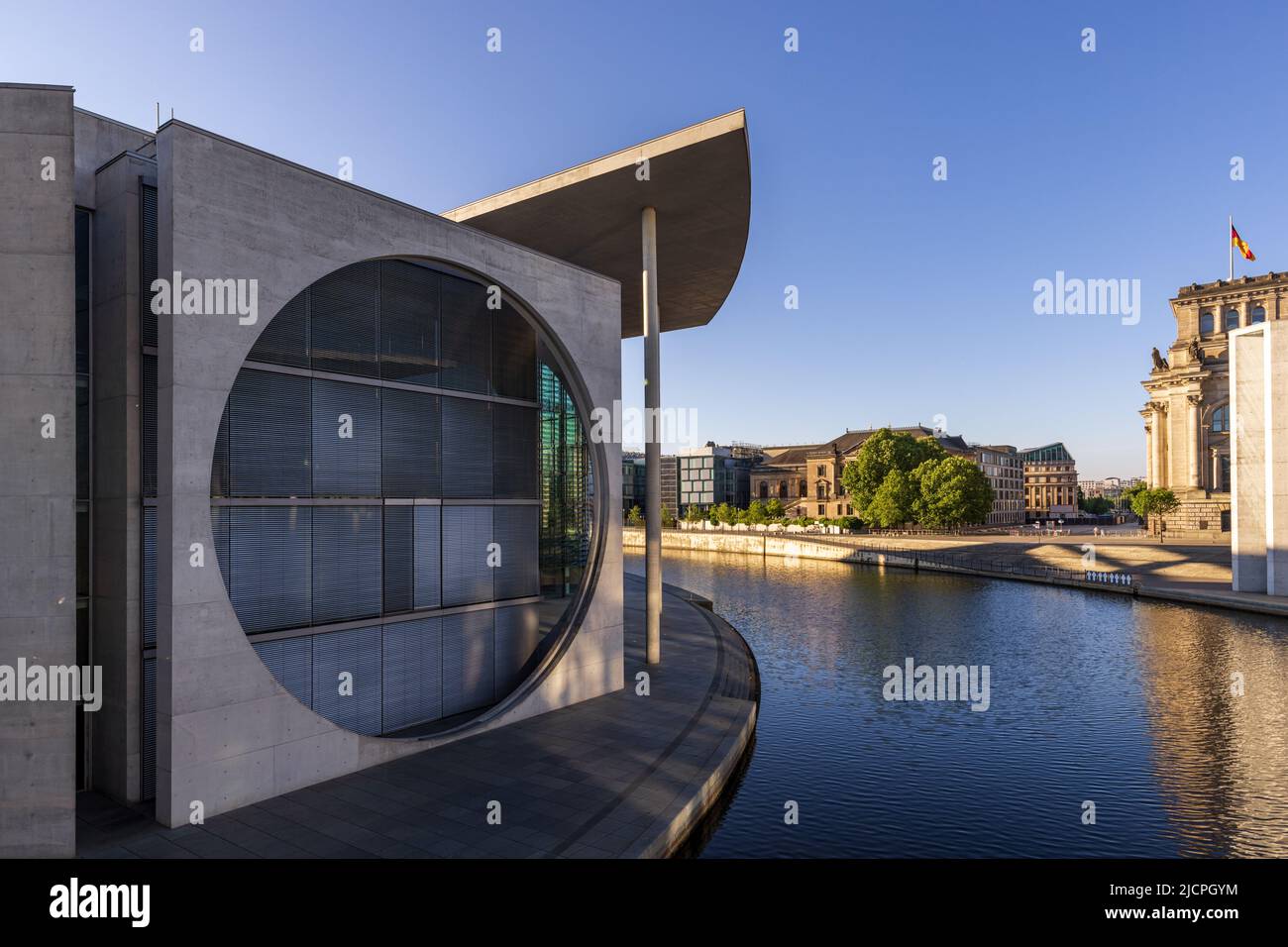 The striking architecture of the Marie Elisabeth Lüders Haus Building by the River Spree, Berlin. Stock Photo