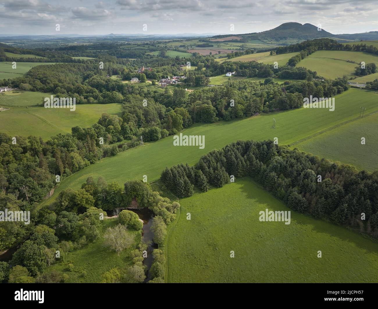 Aerial shot of the River Leader near Earlston looking towards the Eildon Hills. Stock Photo