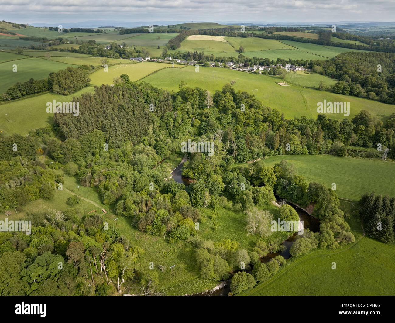 Aerial shot of the River Leader looking towards the village of Redpath in the Scottish Borders. Stock Photo