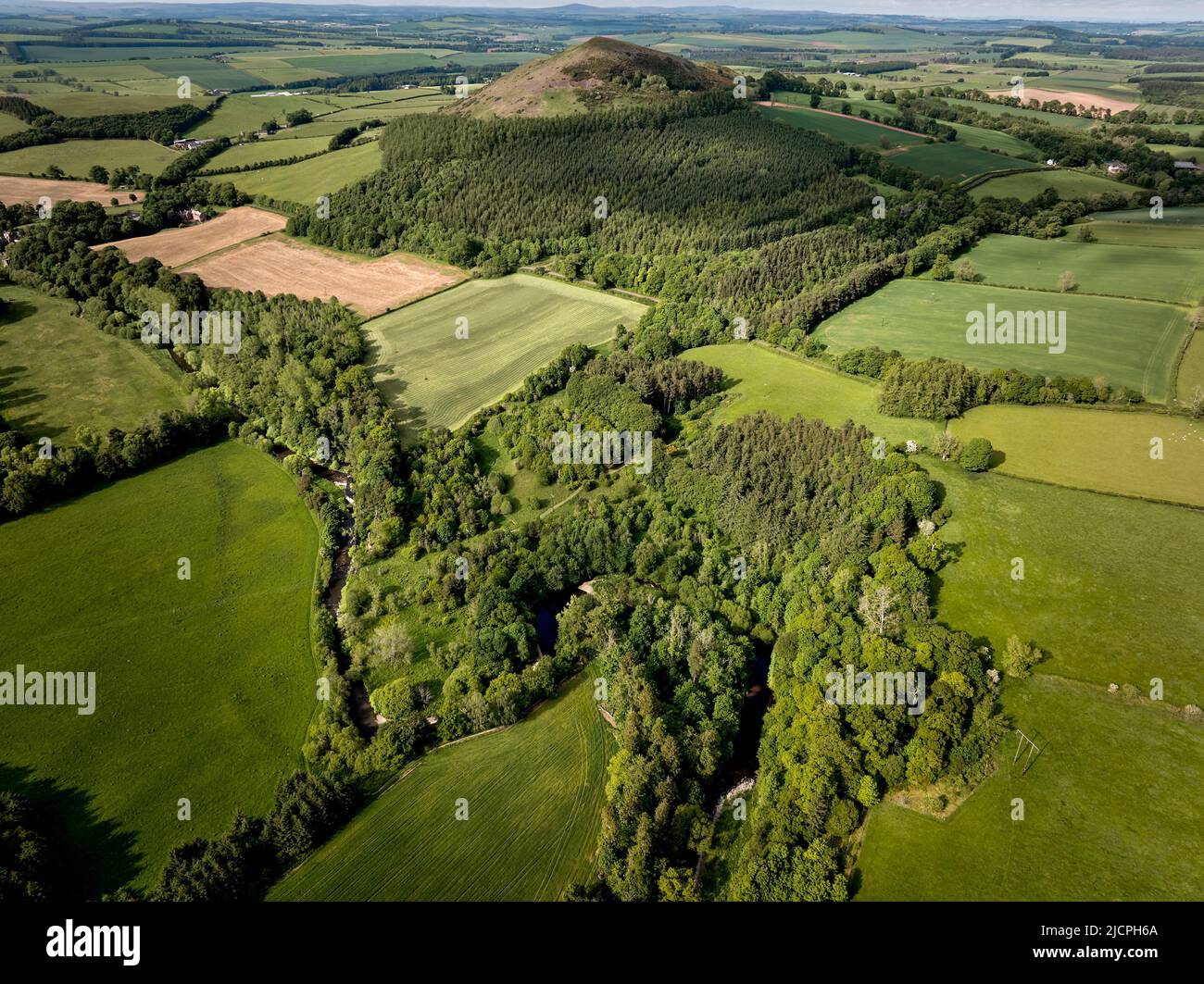 Aerial view of the Black Hill and the River Leader near Earlston in the Scottish Borders Stock Photo
