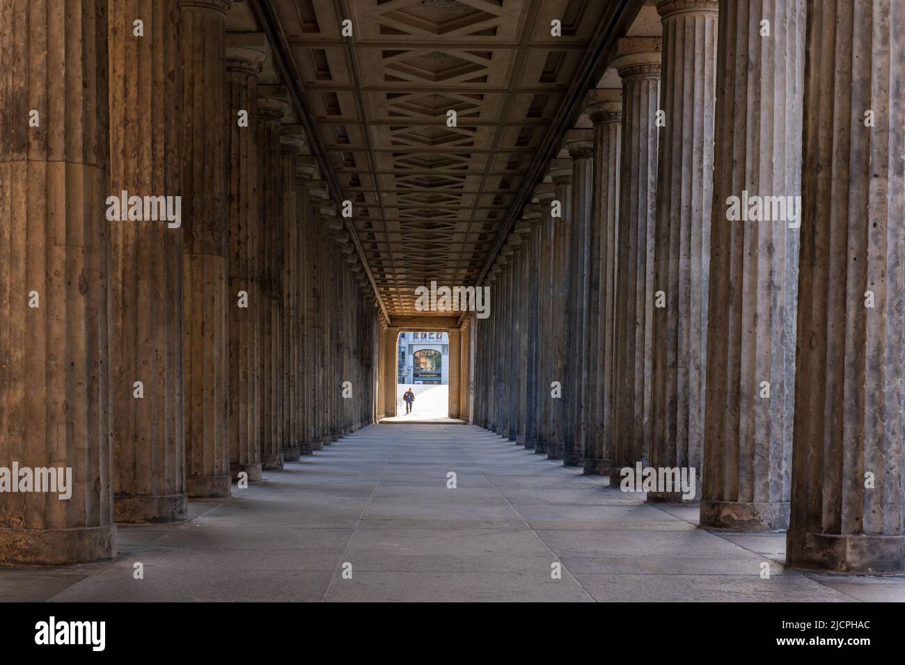 Classic Doric Columns in the Colonnade Courtyard outside the Alte Nationalgalerie, Old National Gallery, on Museum Island in Berlin, Germany. Stock Photo