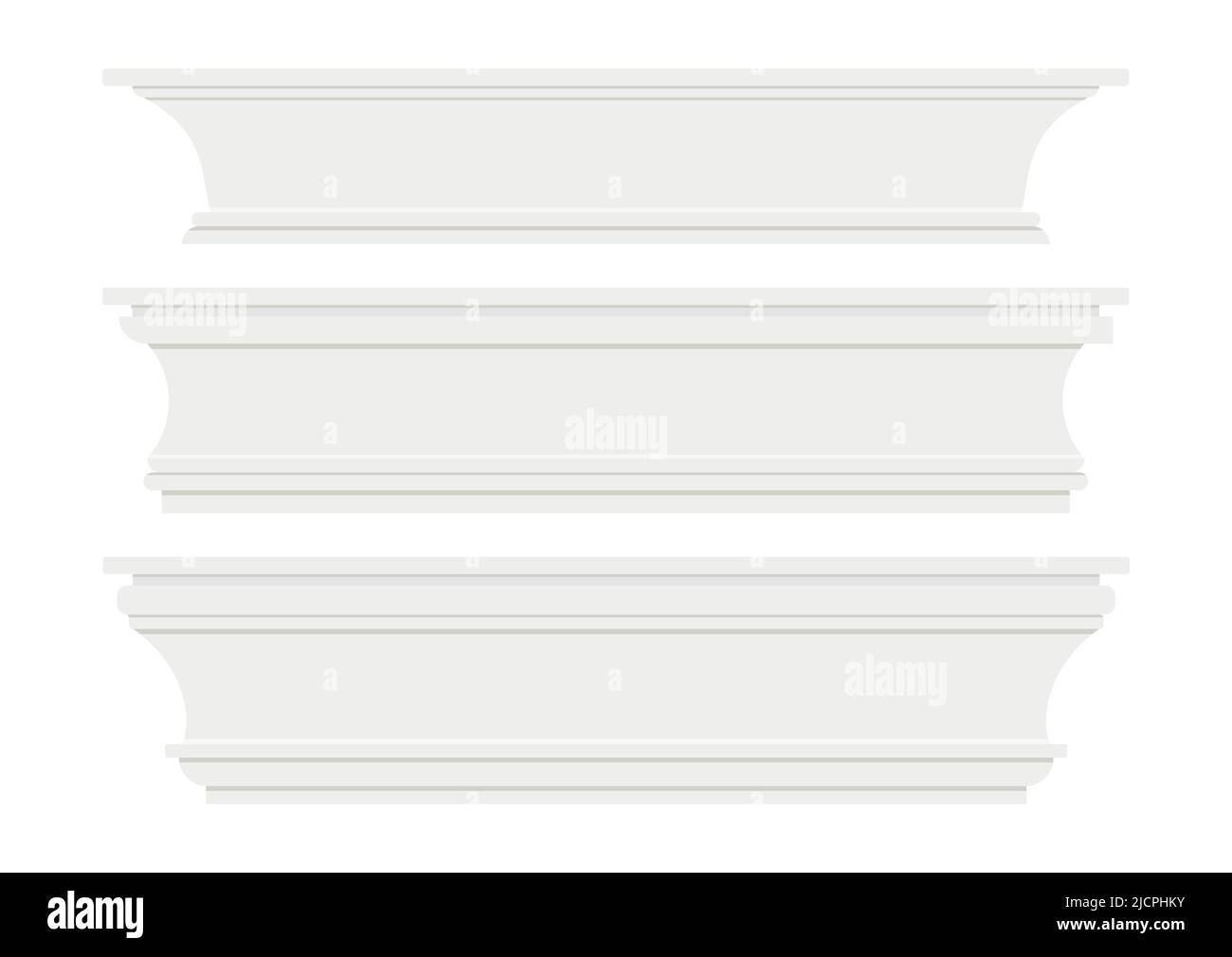 Skirting wall moulding baseboard set isolated on white background. Stock Vector