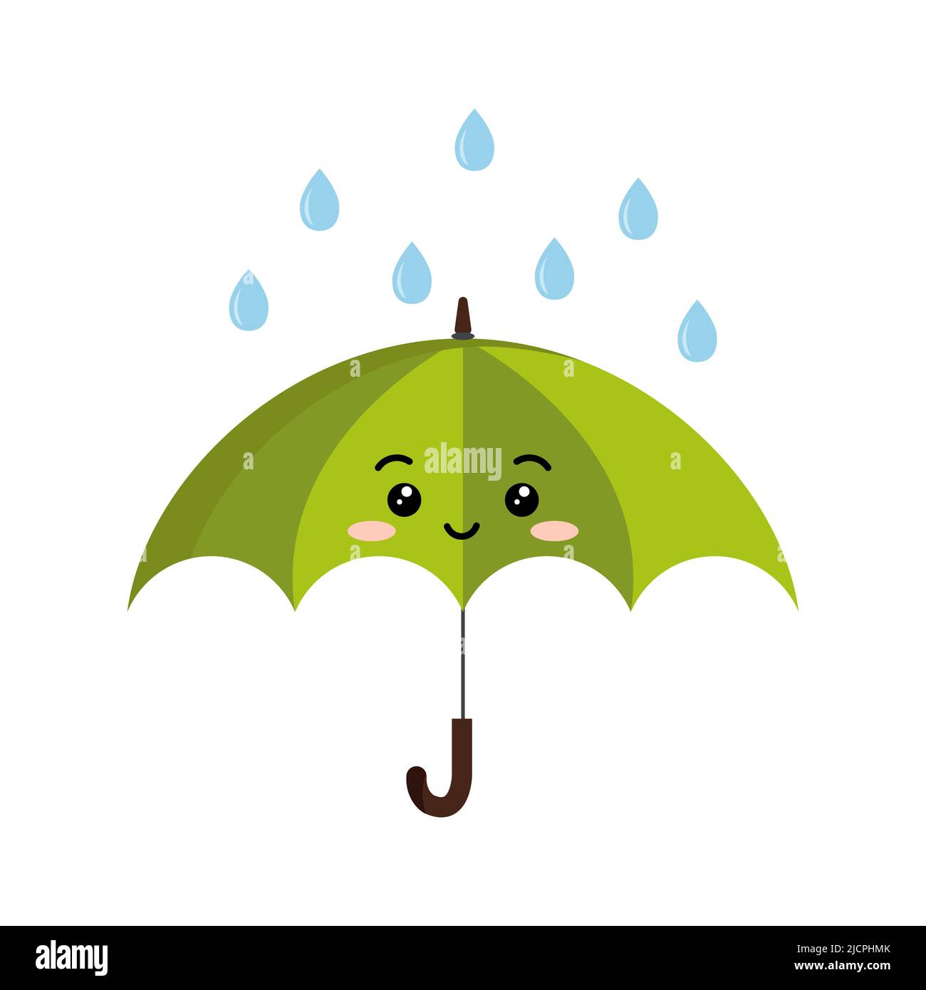 Cute open umbrella with rain drops cartoon character emoji icon. Stock Vector
