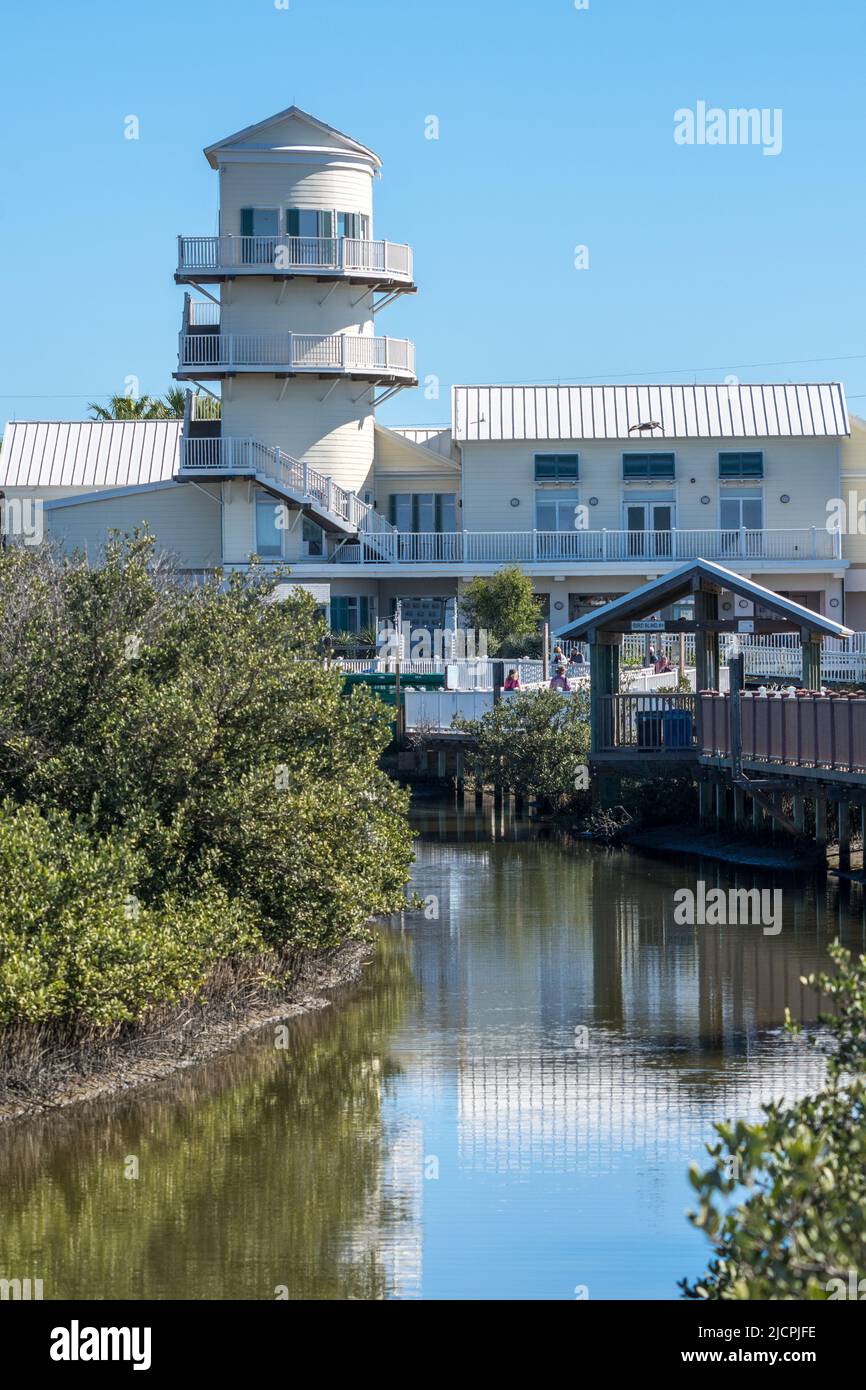 The observation tower on the visitors center and a boardwalk at the South Padre Island Birding & Nature Center, Texas. Stock Photo