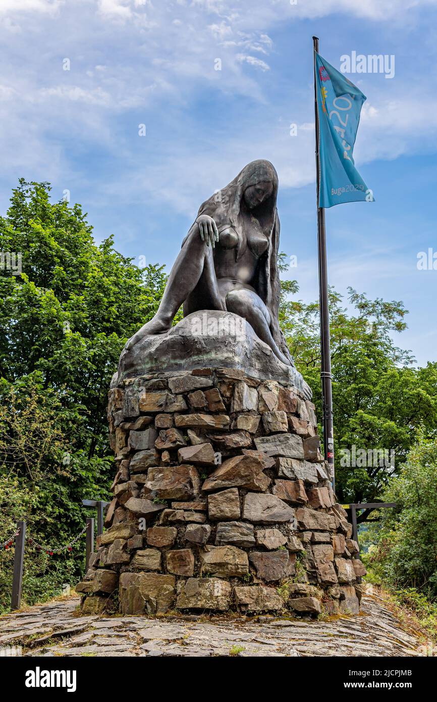 Sankt Goar, Rhineland-Palatinate, Germany - 20 May 2022: Statue of Loreley. A memorial for a young woman and her ghost. Stock Photo