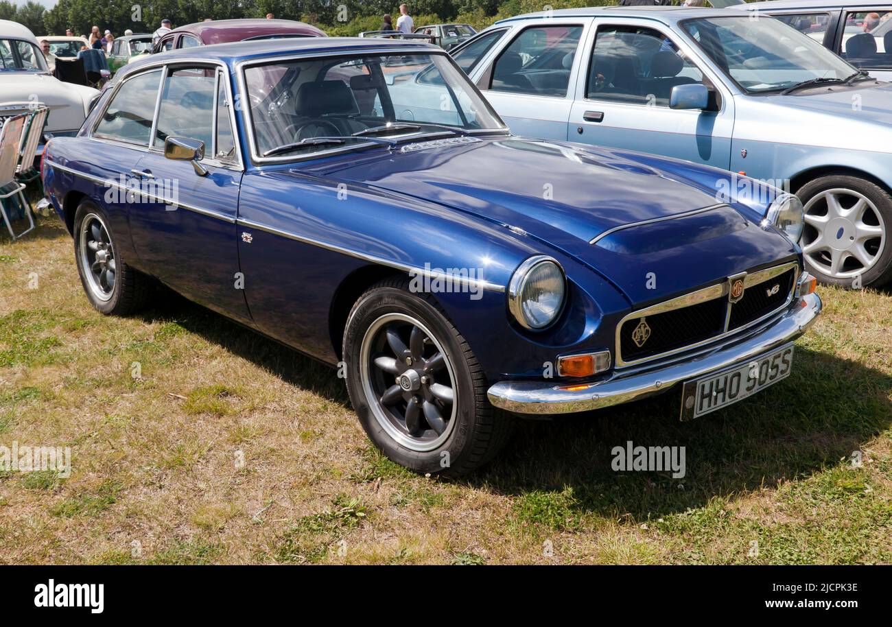 Three-quarters Front View of a Blue, 1978, MGC V8 Roadster, on display at the Deal Classic Car Show 2022 Stock Photo