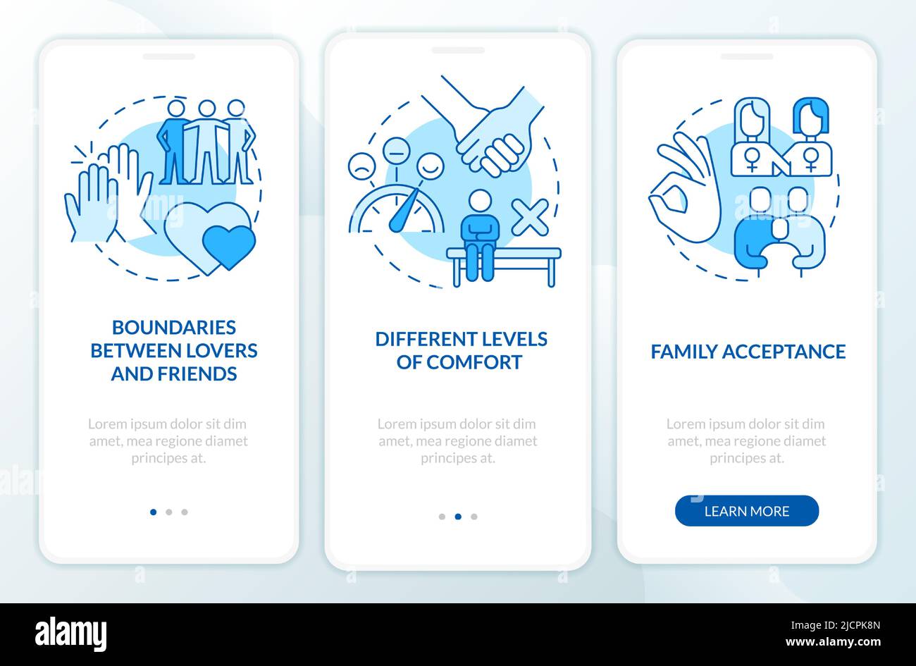 Issues within LGBT couples blue onboarding mobile app screen Stock ...