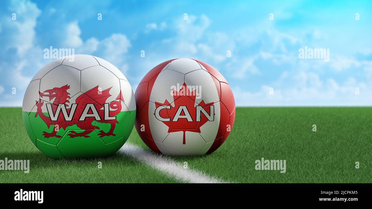 Canada vs. Wales Soccer Match - Leather balls in Canada and Wales national colors. 3D Rendering Stock Photo
