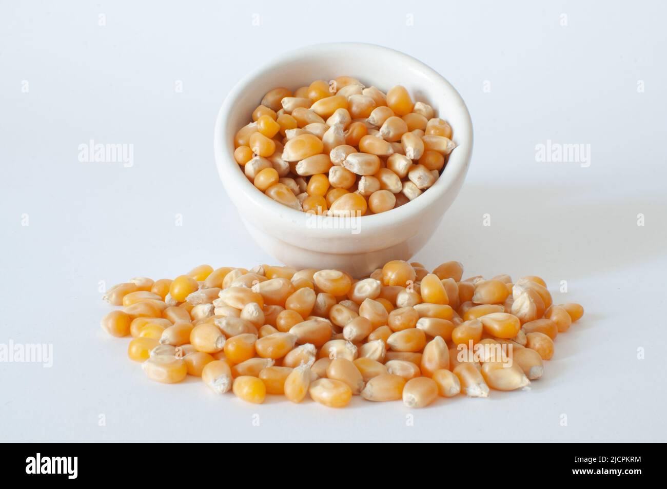 Profile view of dried raw corn kernels for popcorn, yellow grain seeds of maize 'Zea Mays' in white cup and isolated on white background Stock Photo