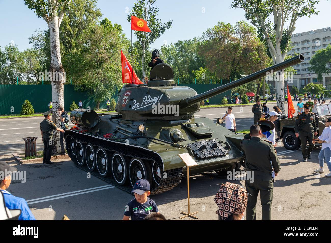 Bishkek, Kyrgyzstan - May 9, 2022: Old Soviet Union tank on a square during Victory Day Stock Photo