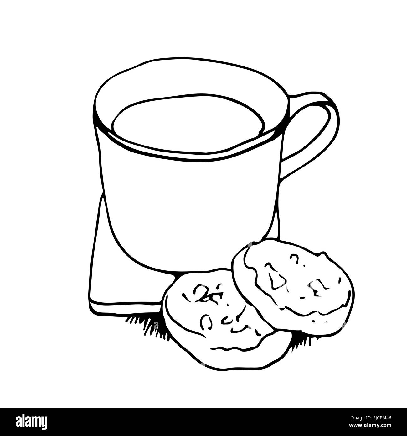 A cup of tea or coffee standing on a table, with biscuits, vector hand drawn illustration, isolated on a white background Stock Vector