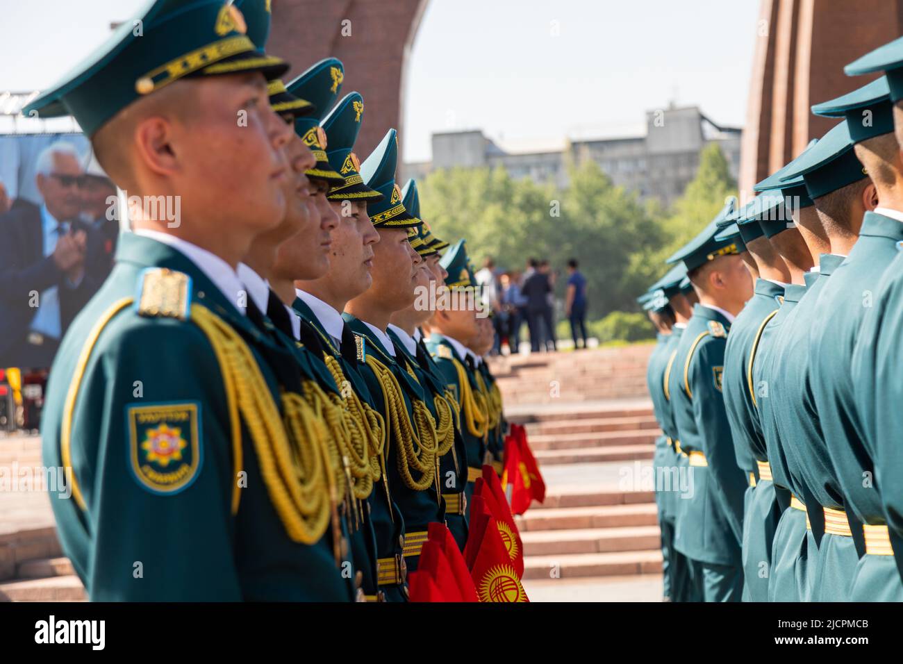 Bishkek, Kyrgyzstan - May 9, 2022: Kyrgyzstan Guard of honor standing