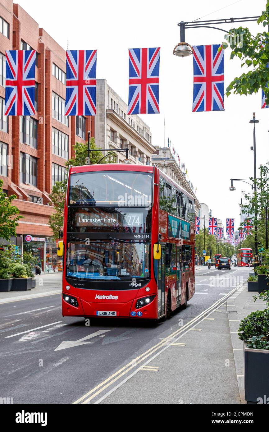 Red London Double Decker Bus, route 274 to Lancaster Gate on Oxford Street, London, England, United Kingdom on Wednesday, May 18, 2022. Stock Photo