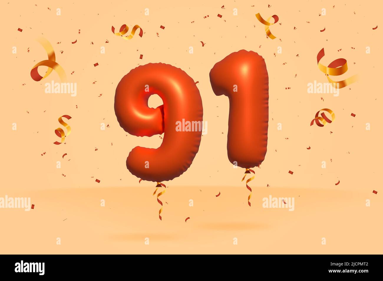 3d number 91 Sale off discount promotion made of realistic confetti Foil 3d Orange helium balloon vector. Illustration for selling poster, banner ads, Stock Vector