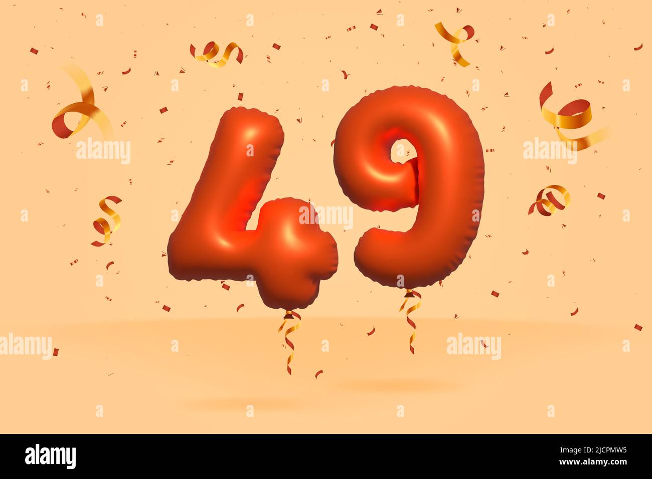 3d number 49 Sale off discount promotion made of realistic confetti Foil 3d Orange helium balloon vector. Illustration for selling poster, banner ads, Stock Vector