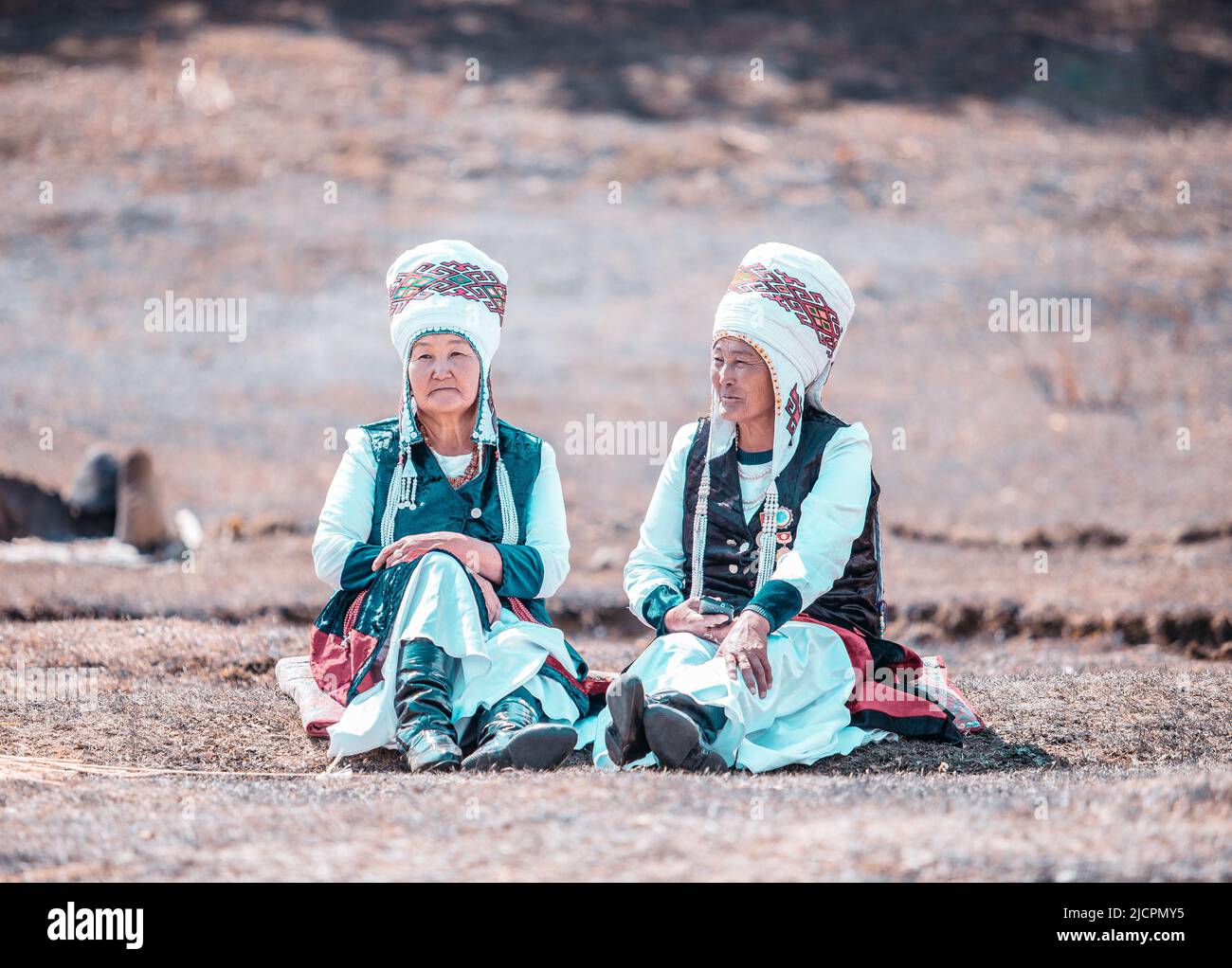 Isyk-Kul, Kyrgyzstan - September 29, 2018: Kyrgyz woman in national dress during World Nomad Games Stock Photo