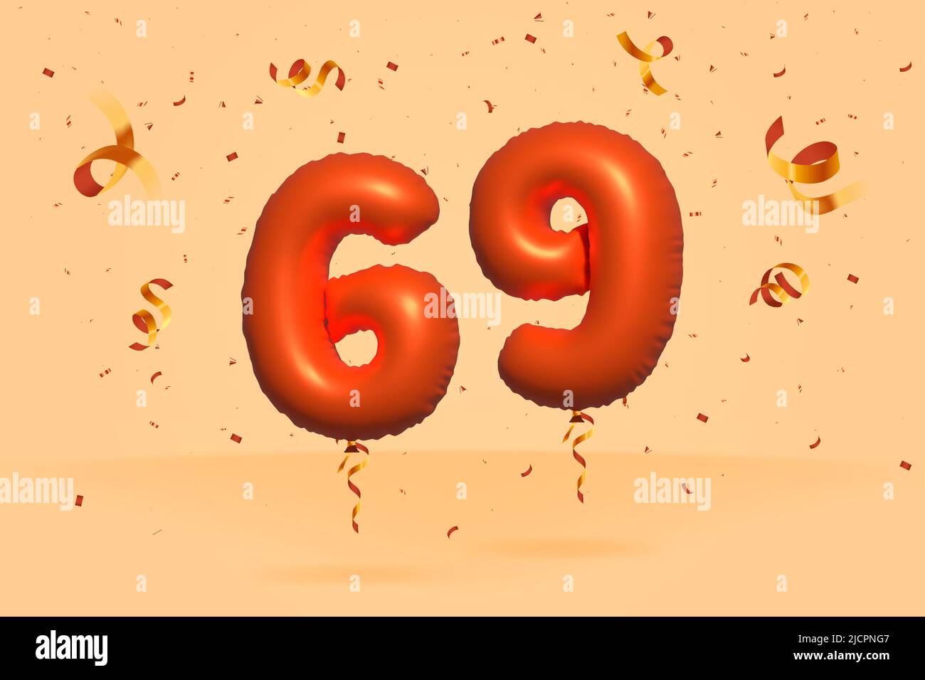 3d number 69 Sale off discount promotion made of realistic confetti Foil 3d Orange helium balloon vector. Illustration for selling poster, banner ads, Stock Vector