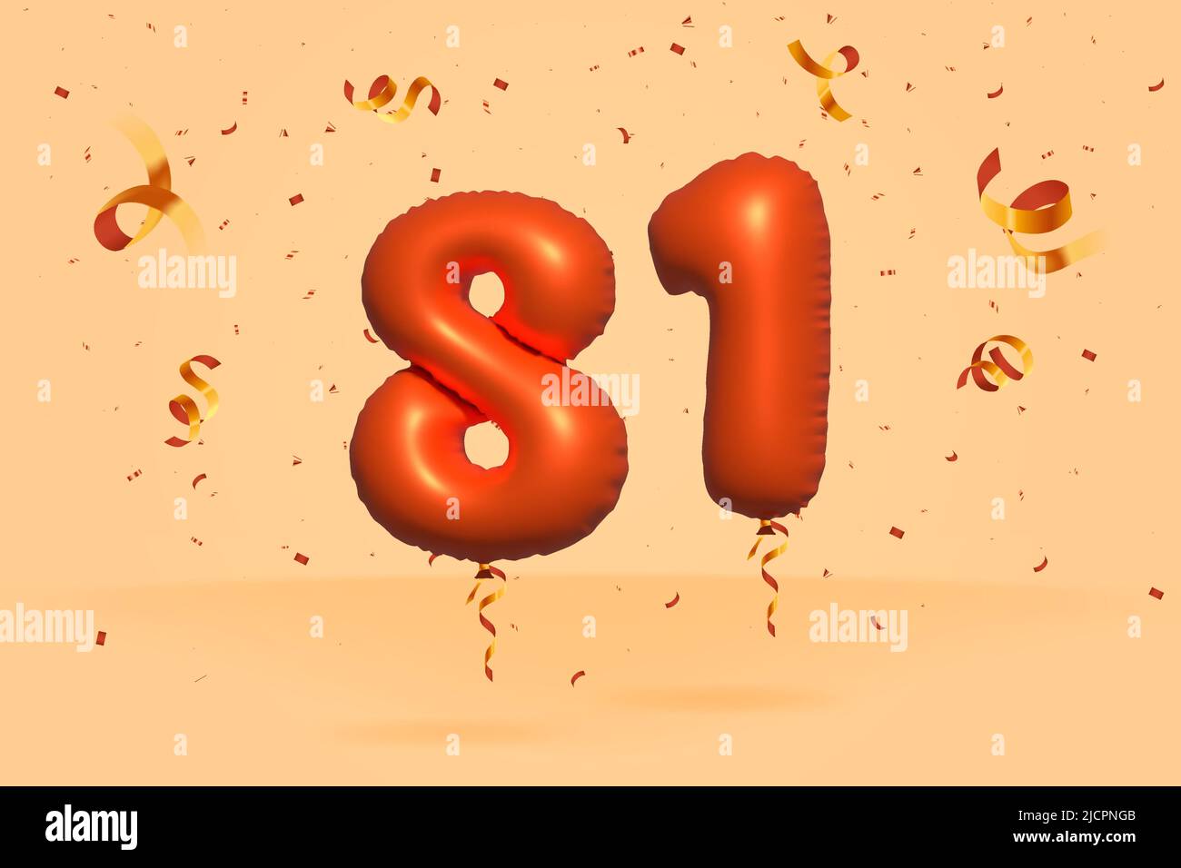 3d number 81 Sale off discount promotion made of realistic confetti Foil 3d Orange helium balloon vector. Illustration for selling poster, banner ads, Stock Vector