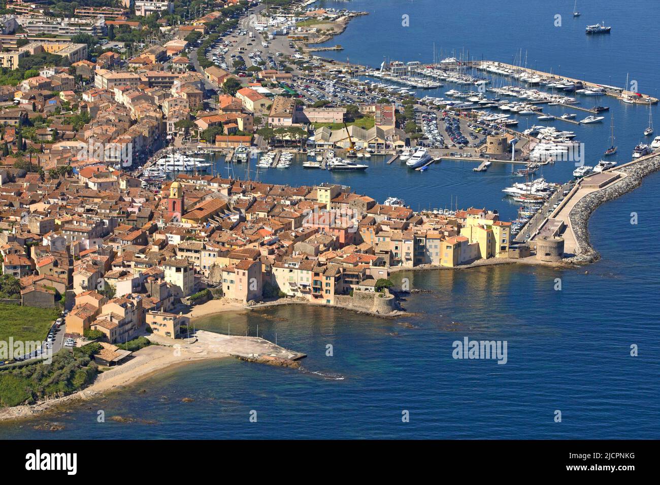France, Var, Saint Tropez, tourist port (marina) of the Côte d'Azur, aerial photography Stock Photo
