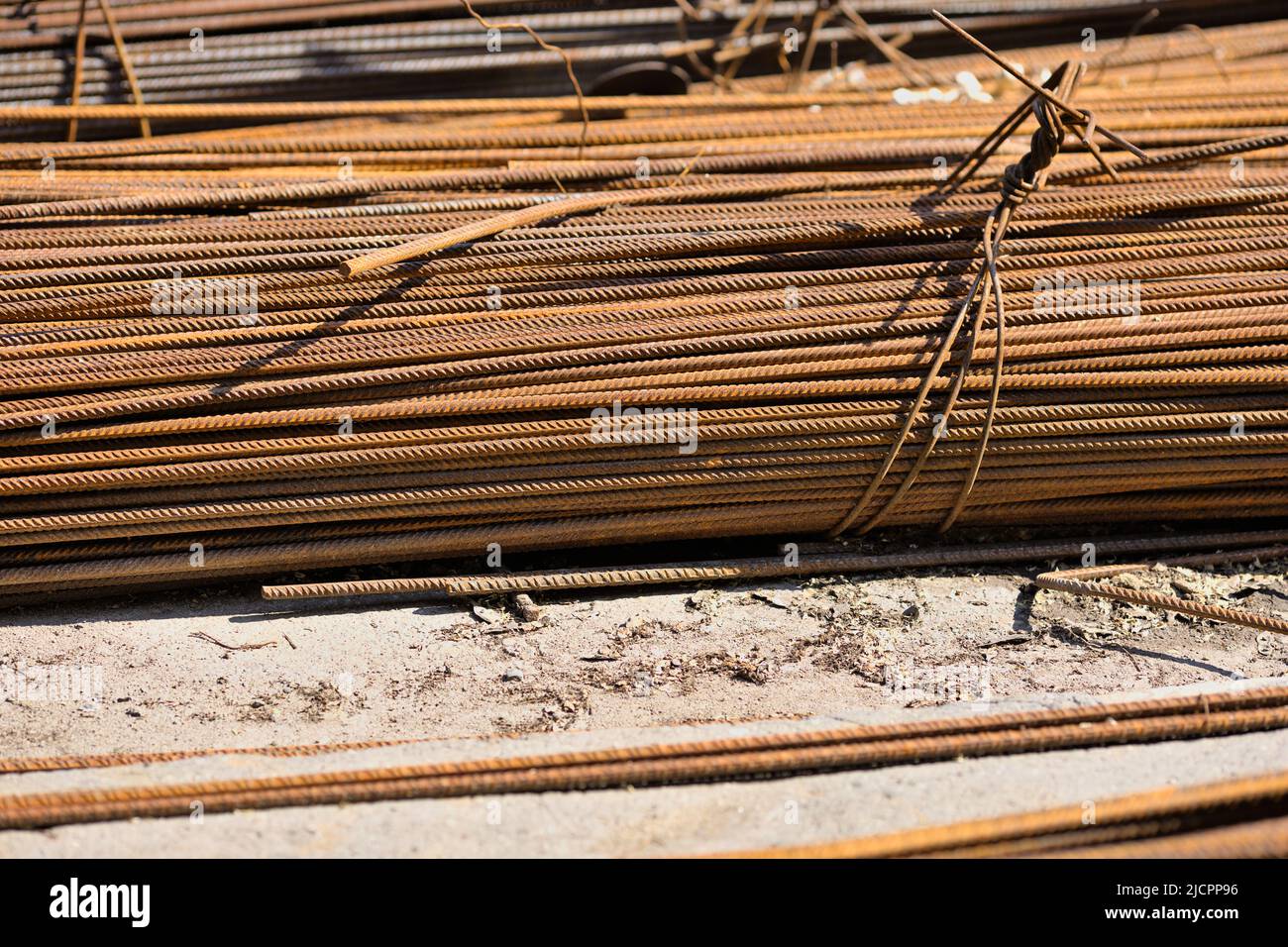 A bundle of rebar waiting on a construction project Stock Photo