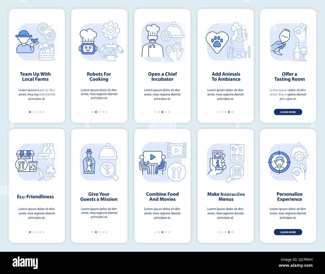 Start restaurant business light blue onboarding mobile app screen set ...