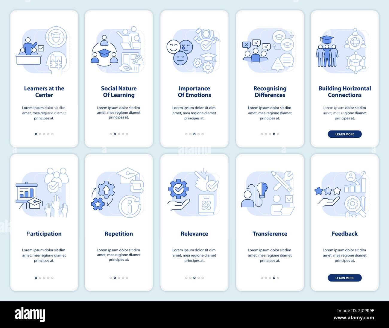 Principles of learning light blue onboarding mobile app screen set ...