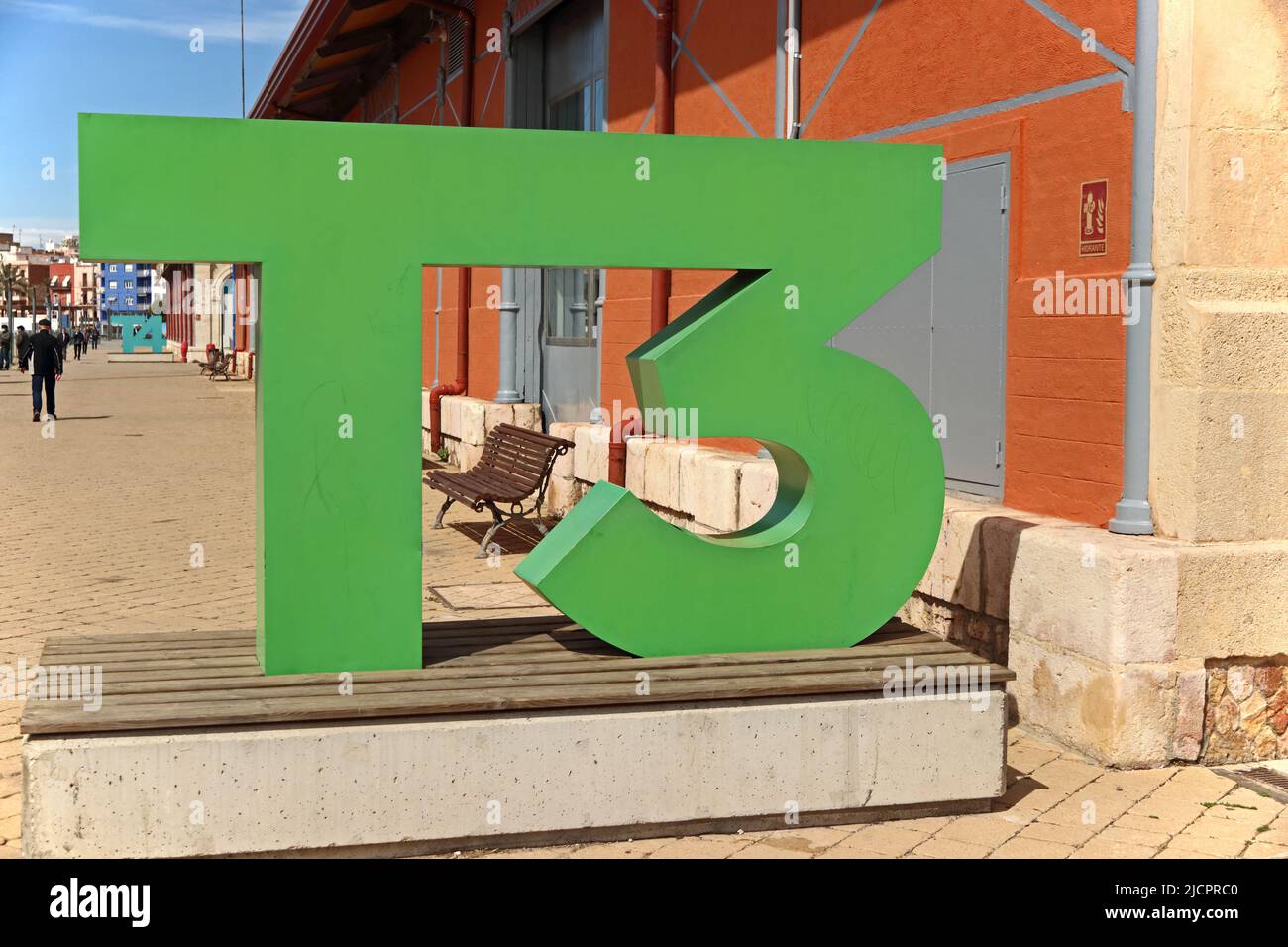 T3 sign, port, Tarragona Stock Photo