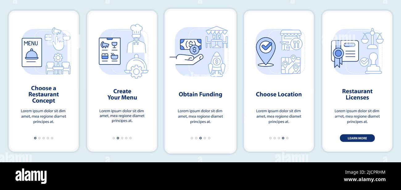 Small restaurant business plan light blue onboarding mobile app screen ...