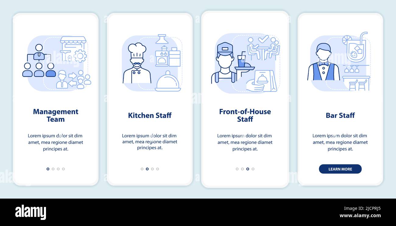 Hiring restaurant employees light blue onboarding mobile app screen