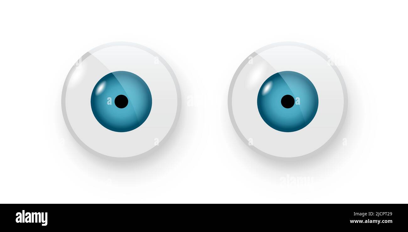 Toy eyes vector illustration. Wobbly plastic open blue eyeballs of dolls looking forward round parts with black pupil isolated on white background. Stock Vector