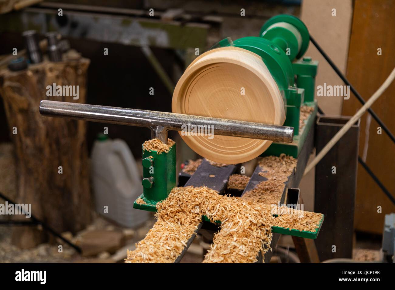 Lathe machine with wooden turning blanks in Stock Photo Alamy