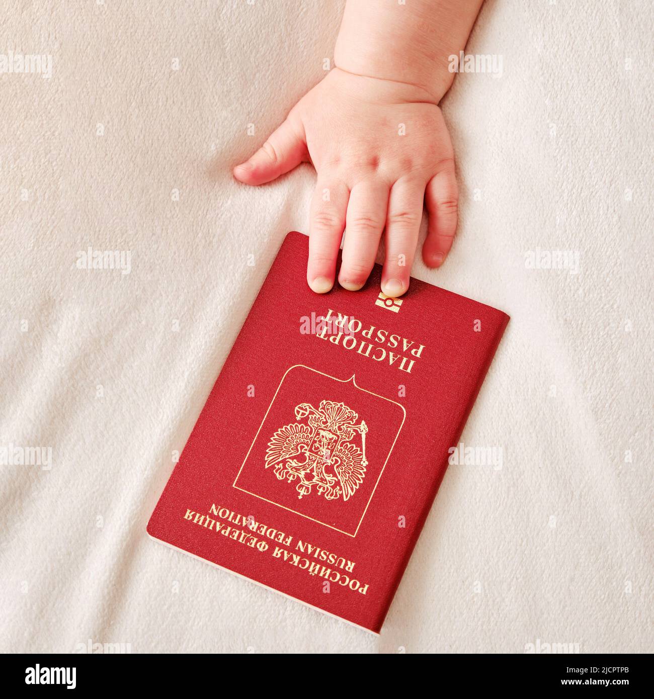 Hand baby toddler boy is holding a Russian passport. A child with a